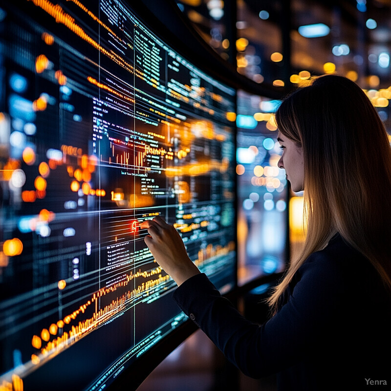 A woman is examining a large screen displaying code and data in an office or workspace setting.