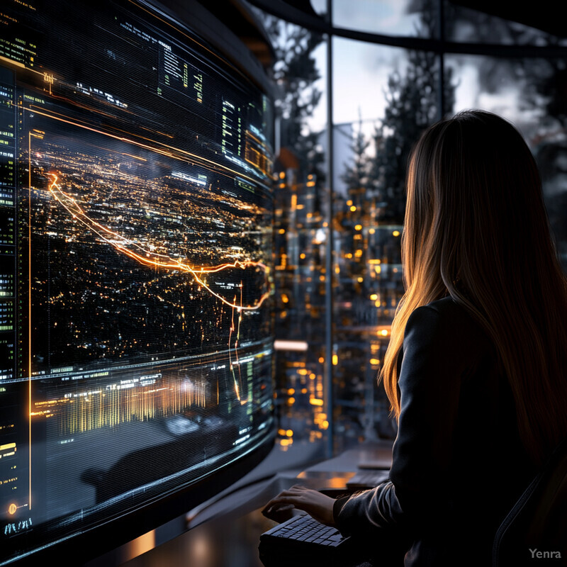 A woman sits in front of a large computer screen displaying a cityscape with overlaid data, analyzing real-time information.