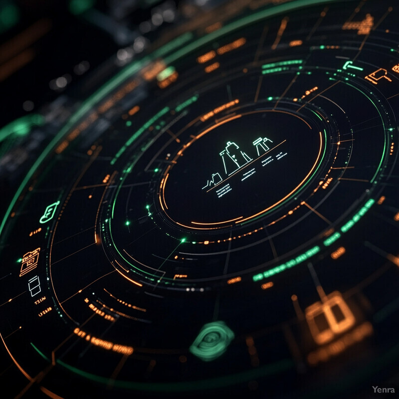 An intricate web of interconnected nodes and lines on a dark background with green and orange accents