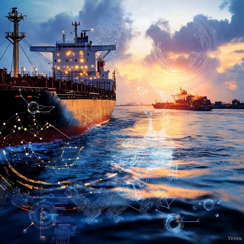 A weather and climate impact modeling scene featuring two large ships in the background against a dramatic sky.