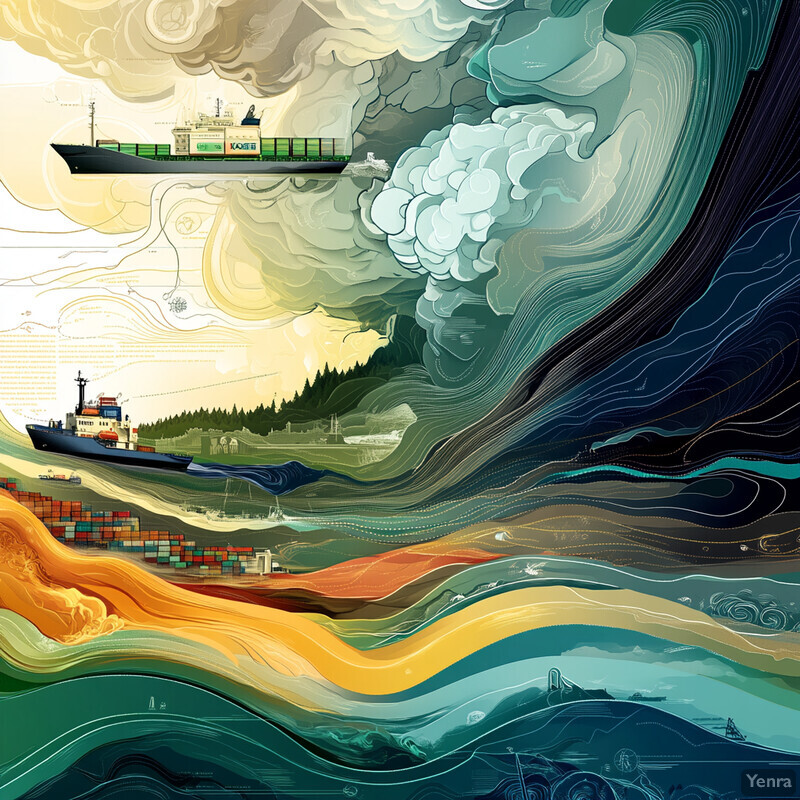 An abstract representation of weather and climate modeling featuring ships navigating through turbulent waters.