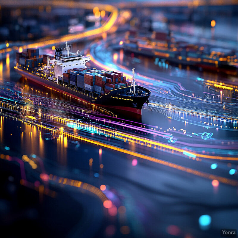 A large cargo ship navigates through a busy port at night, carrying numerous shipping containers.