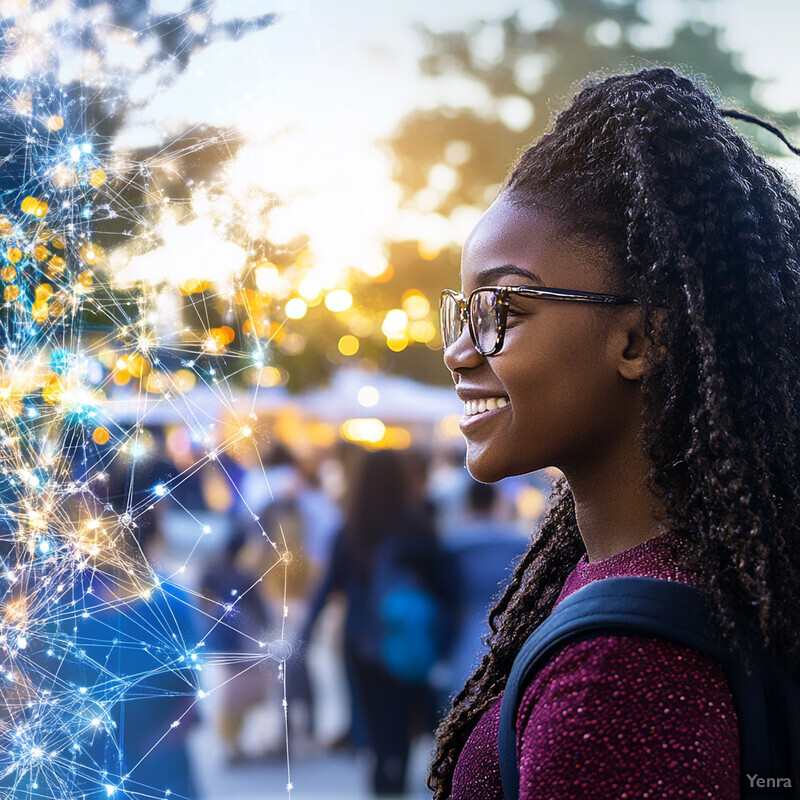 A young girl with long braids and glasses stands in front of a blurry background, possibly outdoors or in an urban setting.