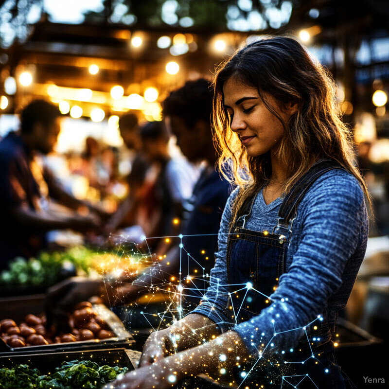 A woman selects produce at a bustling market.