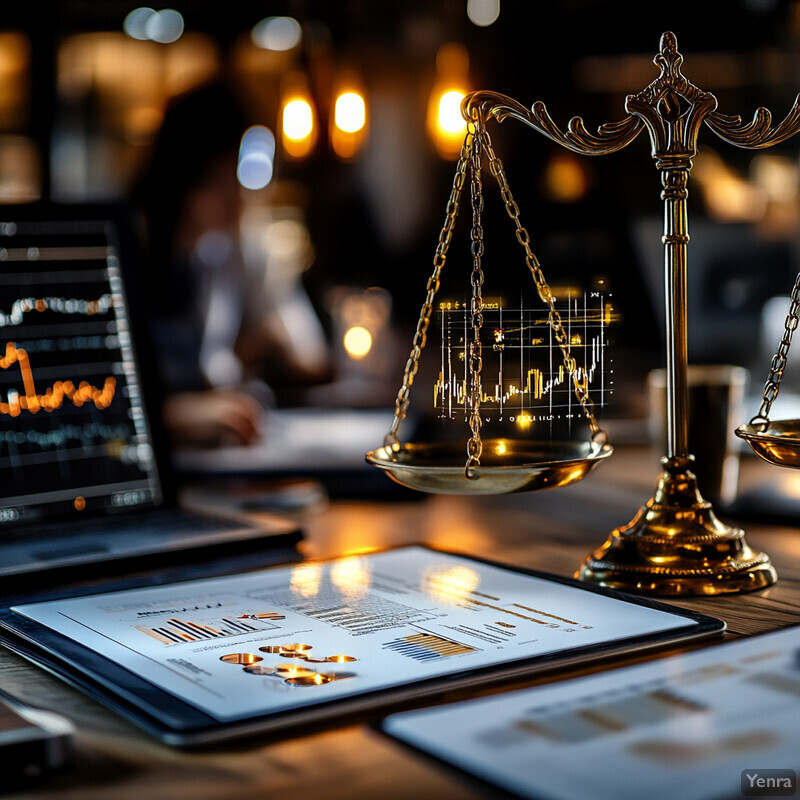 A Cost-Effectiveness Analysis of Policies is being conducted, with various objects and elements arranged on a table or desk. The gold-colored scales represent balance and fairness, while the laptop and tablets display graphs related to data analysis.