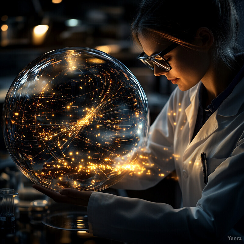 A woman in a lab coat holds a large glass sphere with an intricate pattern of lines and lights inside, surrounded by scientific equipment.