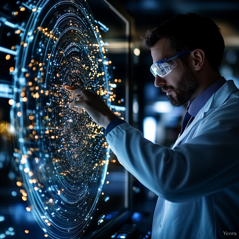 A man in a lab coat examines a futuristic screen displaying complex data visualization.