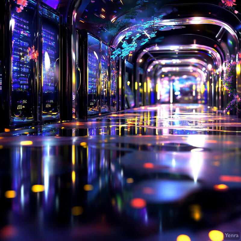 A futuristic tunnel with a metallic appearance and colorful lighting