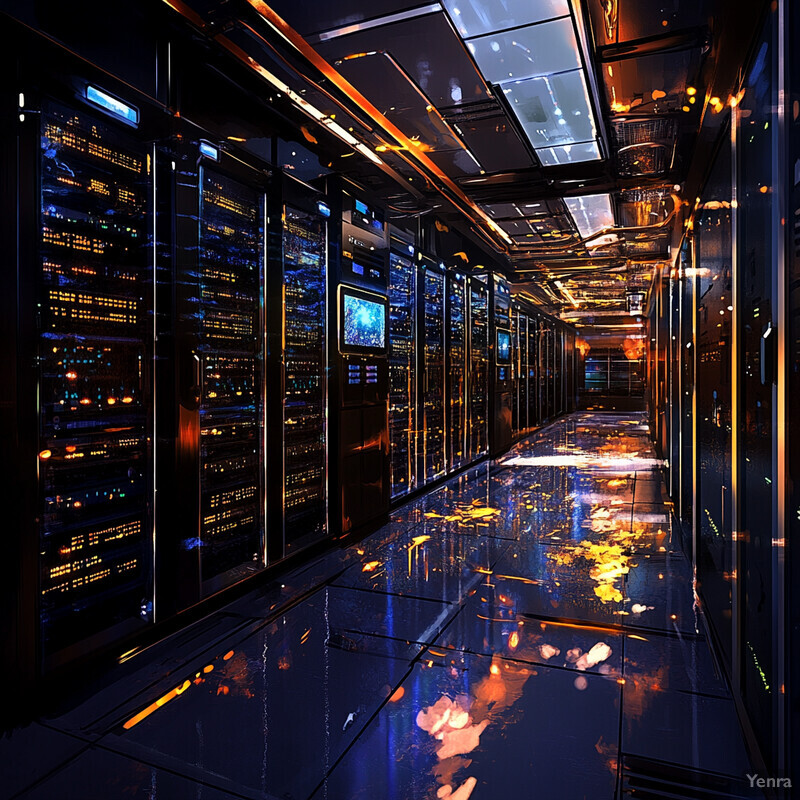 A server room with rows of servers and computer equipment, illuminated by blue and orange lights.