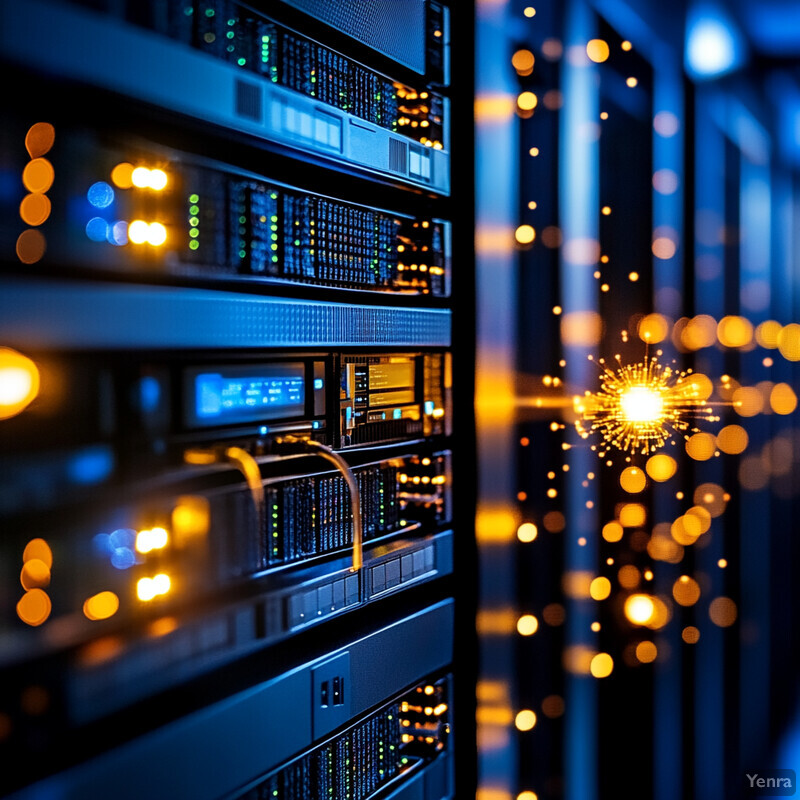 A server room with multiple rows of modern servers stacked vertically.