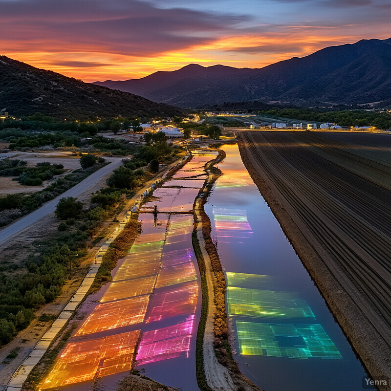 A peaceful landscape featuring a river, mountains, and a road running along the left side.