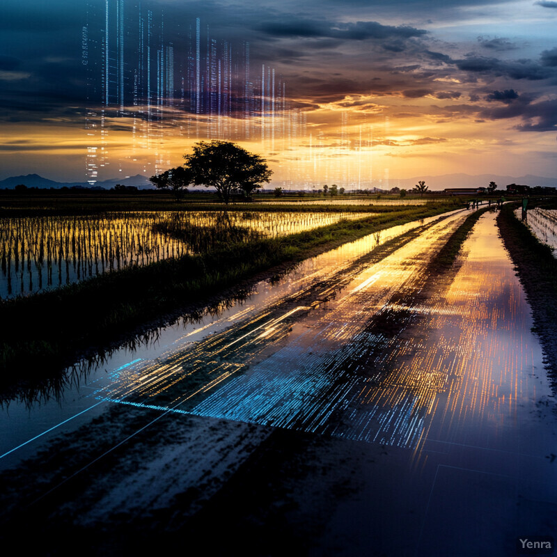 A serene landscape of a rice field at sunset or sunrise with a long pathway running through it.