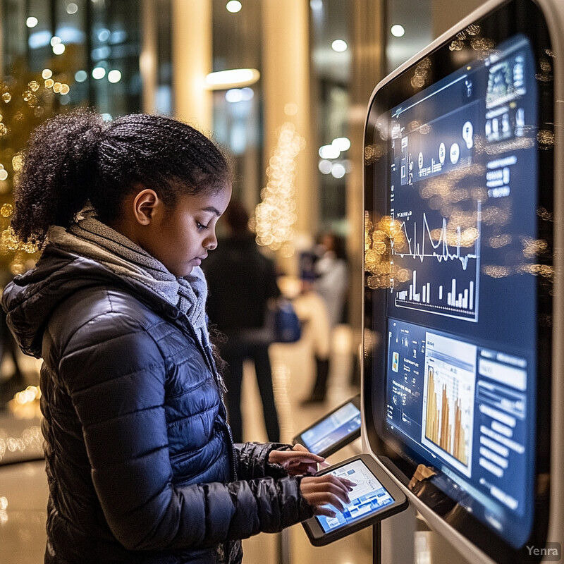 A young girl examines an interactive screen displaying various graphs and charts in an indoor setting.