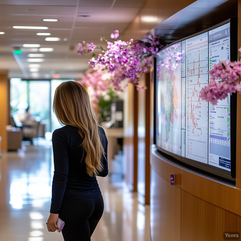 A woman walks down a hallway with screens displaying graphs and charts.