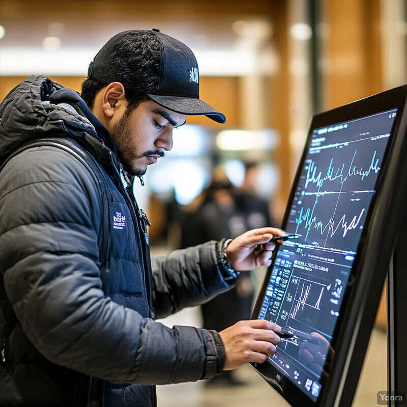 A man studies a large screen displaying multiple graphs and charts.