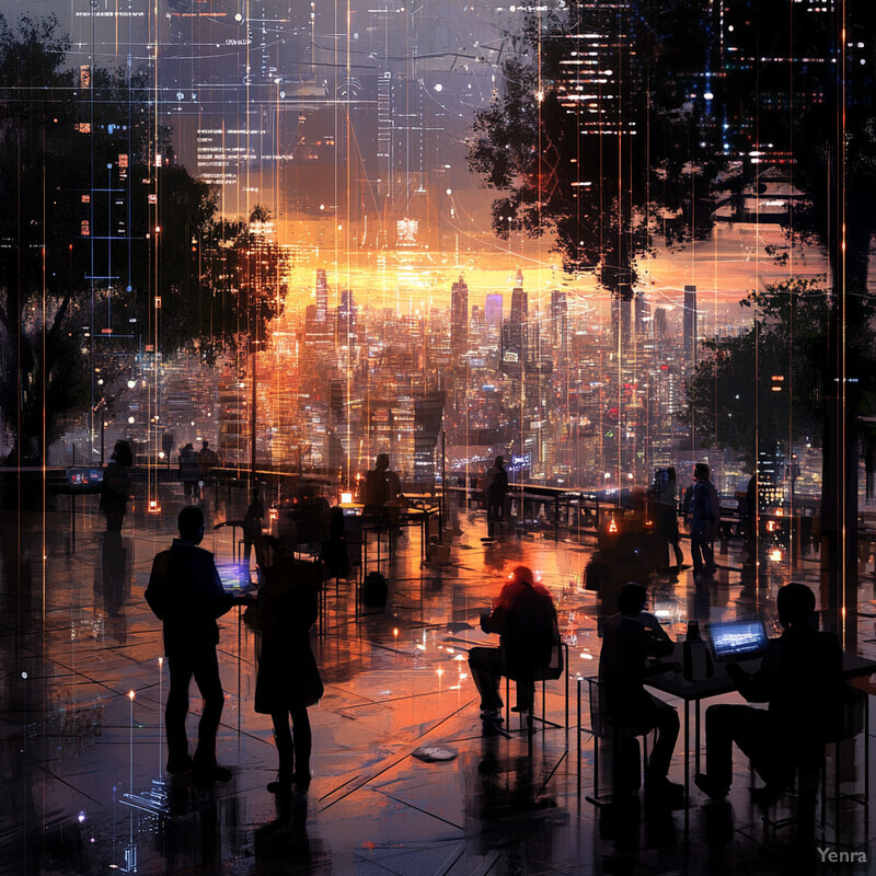 A futuristic cityscape with people gathered around devices, suggesting enhanced contact tracing and epidemic control efforts.