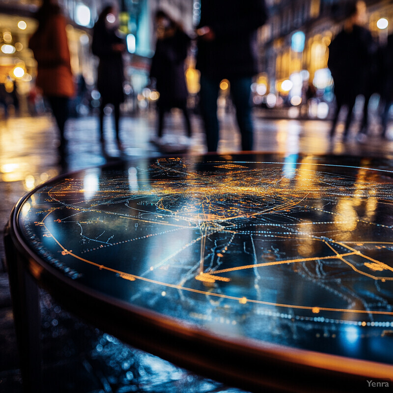 An interactive map or table is being used by individuals to navigate through a city street at night.