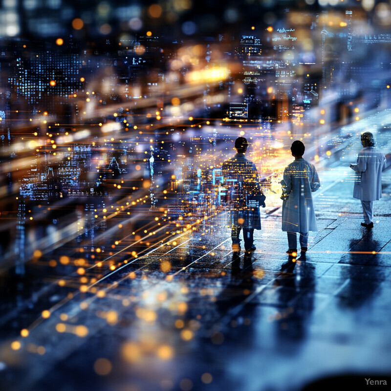 A nighttime scene of three individuals standing on a wet sidewalk, gazing out at an urban cityscape.