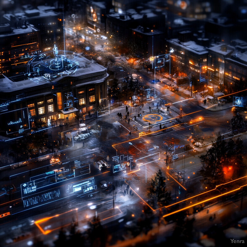 A futuristic cityscape with a focus on disease surveillance and early detection, featuring a large building with a blue neon sign and various data visualizations.