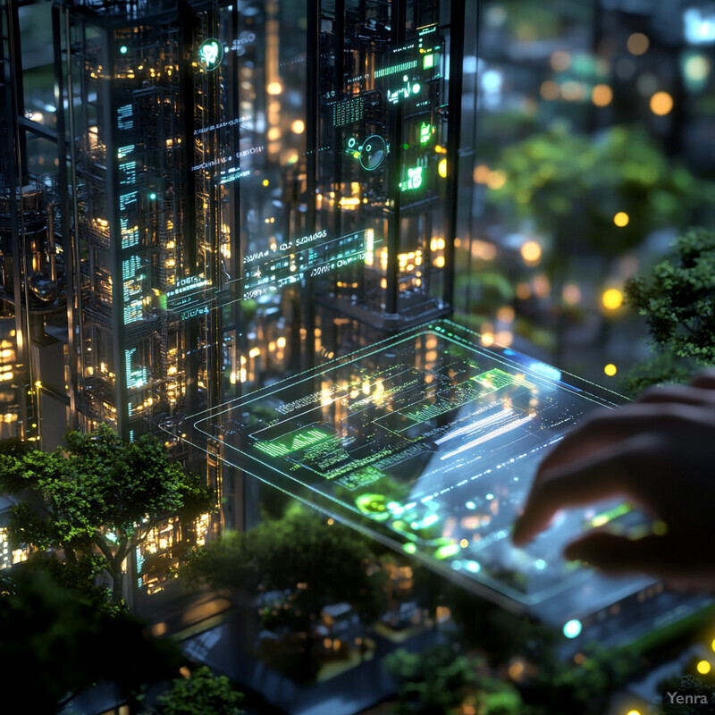 A futuristic cityscape with towering skyscrapers and lush greenery, showcasing the integration of technology into daily life.