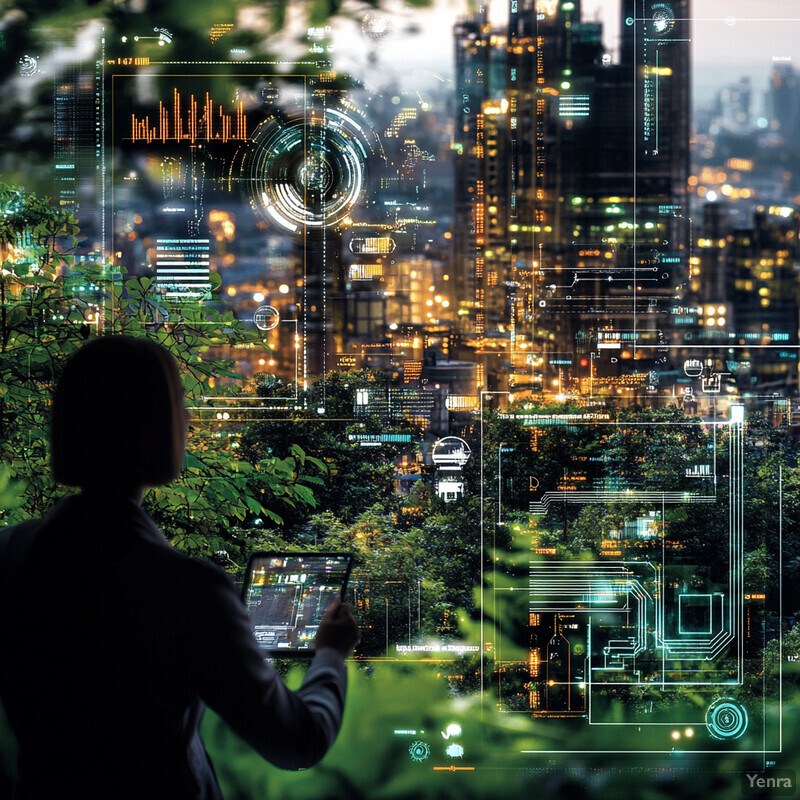 A person stands in front of a large screen displaying data points and graphs, gazing out towards the city skyline.