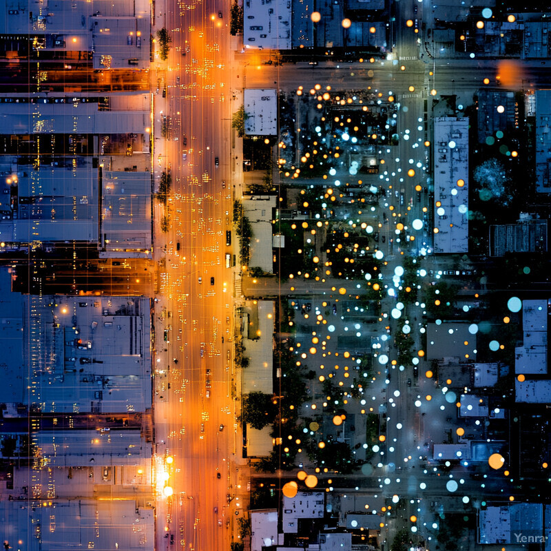 An aerial view of a city at night, highlighting disparities in lighting and building density between two adjacent areas.