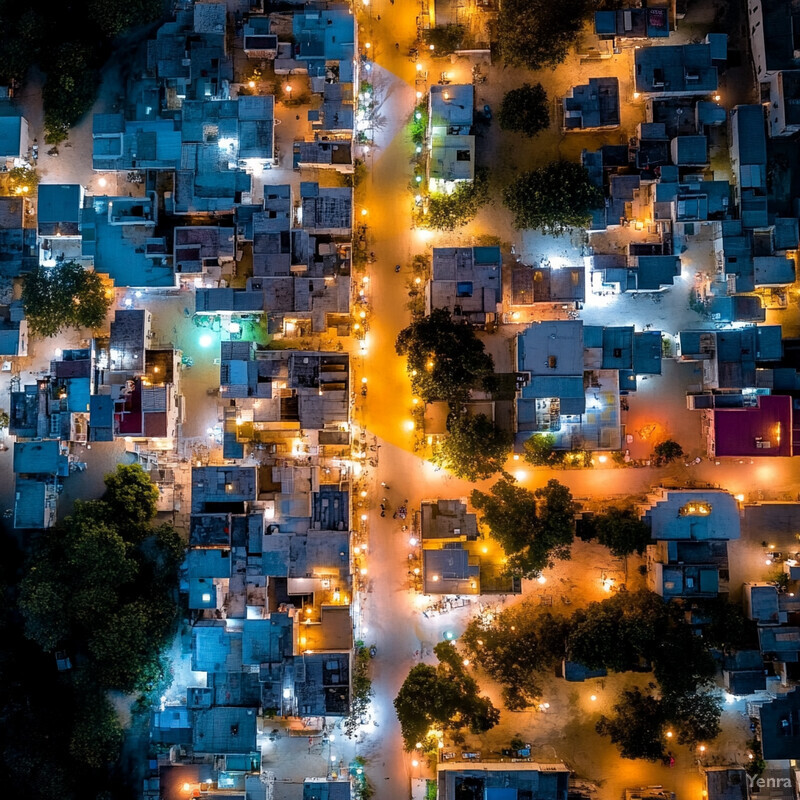 Aerial view of a quiet residential neighborhood with single-family homes and small apartment buildings.