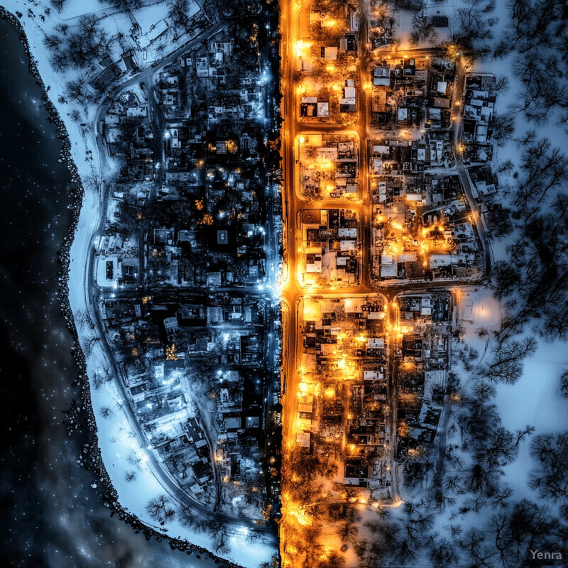 Aerial photograph of a snow-covered town in winter.