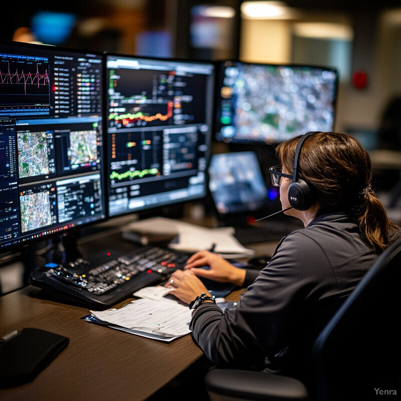 A woman is monitoring and responding to data feeds in a control room or operations center.