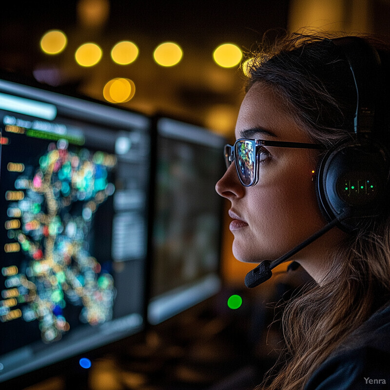 Woman wearing headphones looking at multiple screens with various colors on them in an office setting