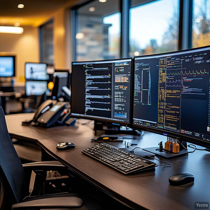 A room filled with computer screens displaying data and a keyboard and mouse for interaction.