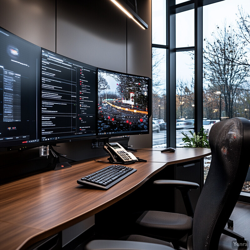 A modern office setting with multiple computer monitors and a large desk.