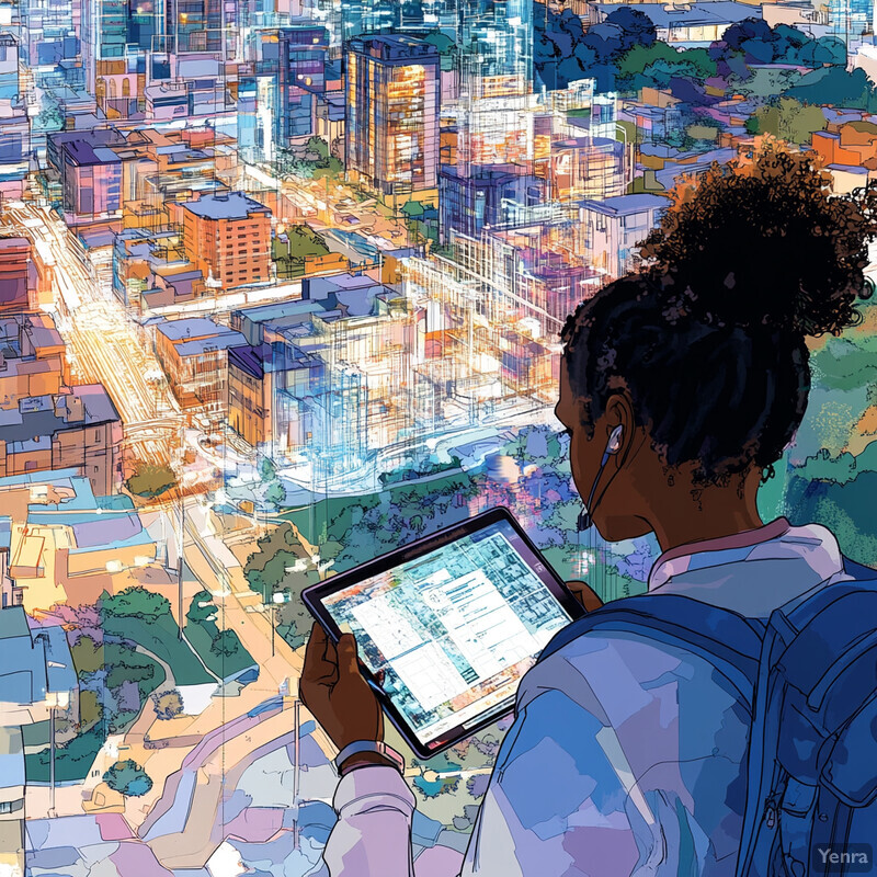 A woman stands on a hill overlooking a city, using her tablet to navigate.