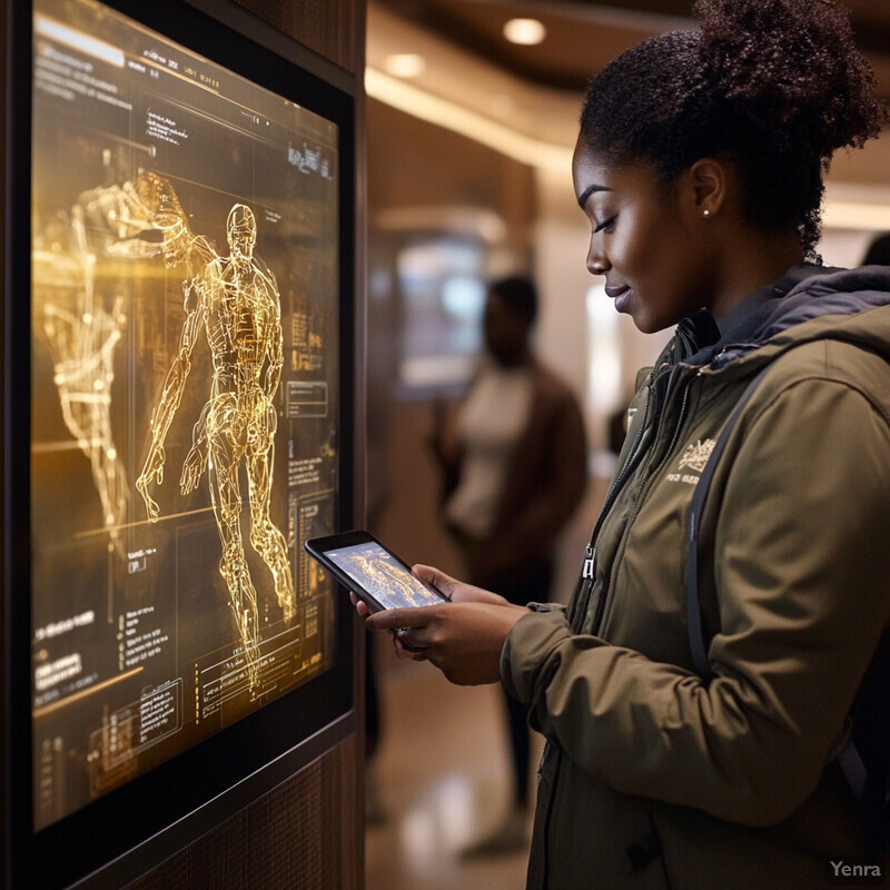 A woman stands in front of a large screen displaying an anatomical diagram, likely in a medical facility or educational setting.