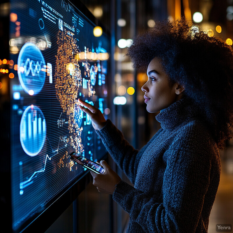 A woman is intently examining a large screen displaying various graphs and charts in an office setting.