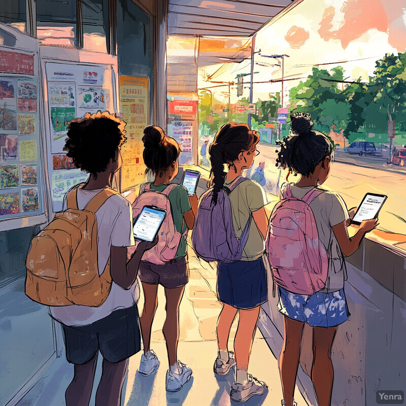 A group of children stand in front of a storefront, each holding an electronic device.