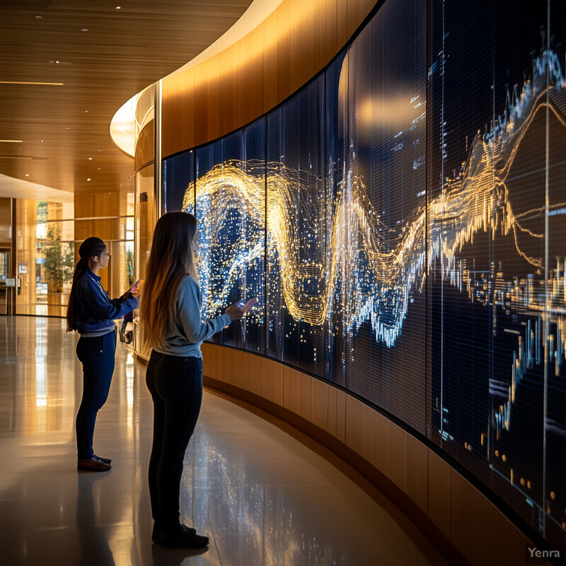 Two women analyzing data on a large screen in an office setting.