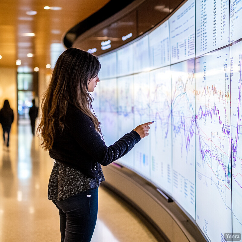 A woman is engaged with data on a large screen, likely related to predictive modeling for resource allocation.