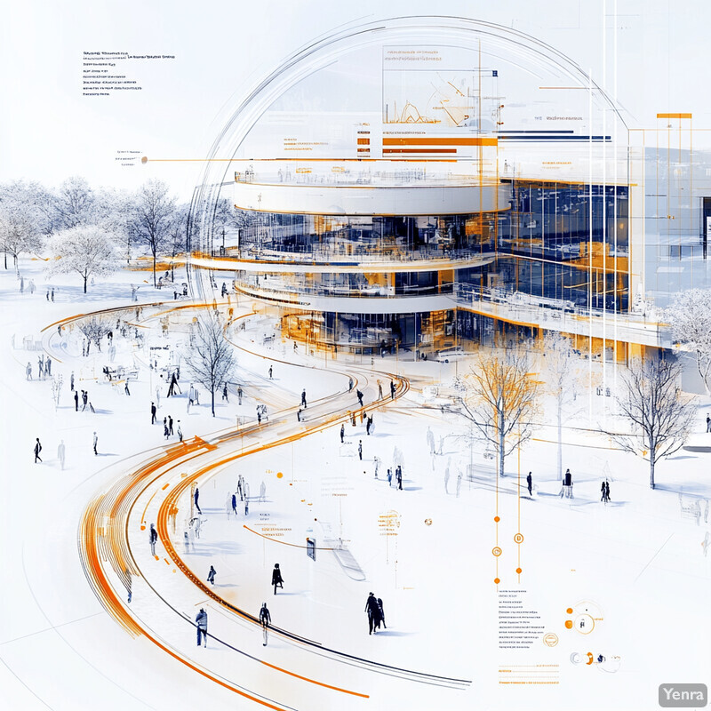 Architectural rendering of a building in a snowy winter wonderland.