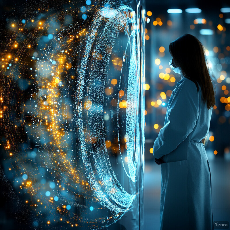 A woman in a lab coat looks at a glowing screen displaying a swirling pattern of gold and blue lights.