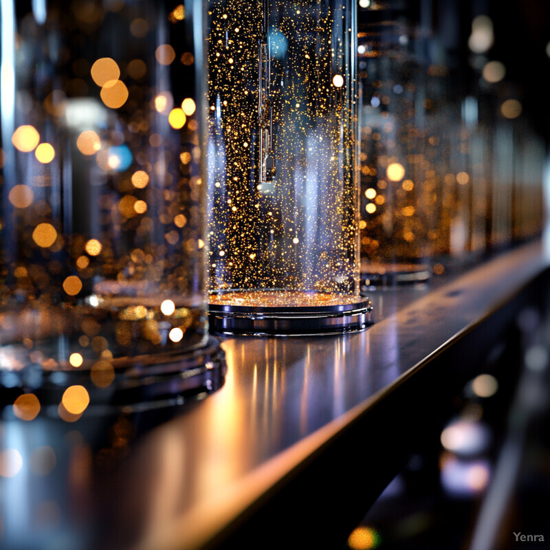 A row of glass cylinders with gold specks inside are placed on a black surface in a retail setting.