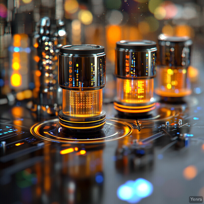 Three cylindrical objects emitting light on a metallic surface, creating a futuristic ambiance.