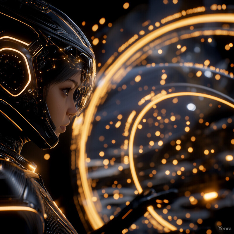 A woman in a futuristic space suit is surrounded by a swirling vortex of colors and lights.