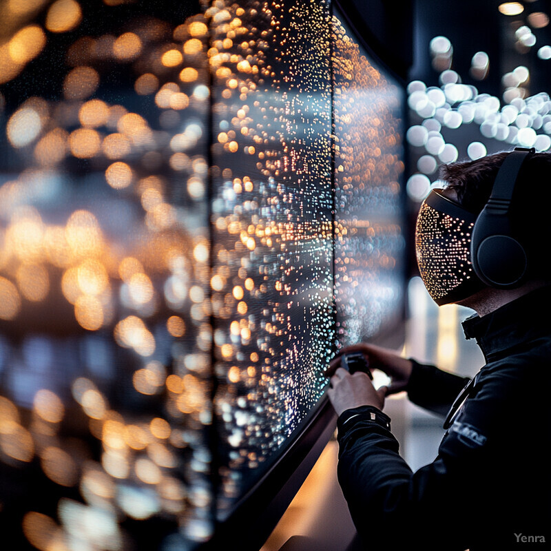 A man wearing a futuristic-looking mask and headphones stands in front of a large screen displaying lights.