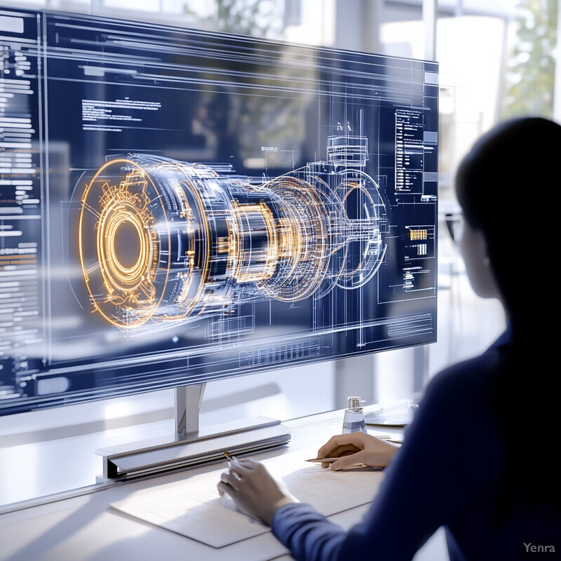 A person working on a computer with a large monitor displaying a technical diagram.