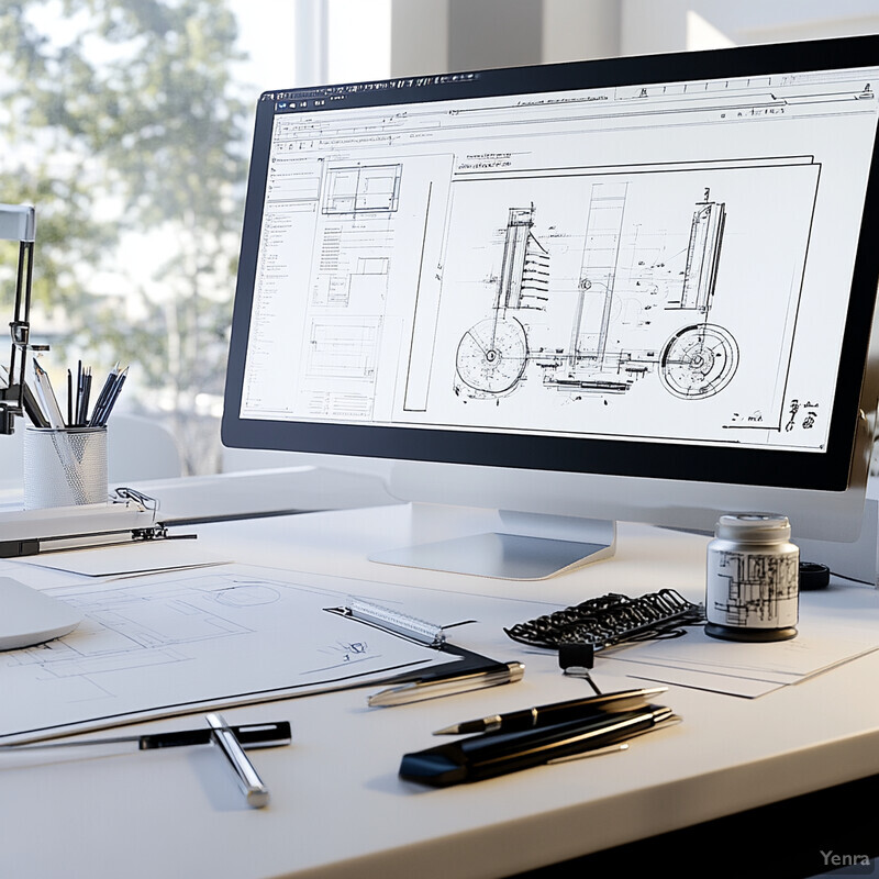 A computer monitor displaying a technical drawing on its screen, with various office supplies arranged on the desk in front of it.