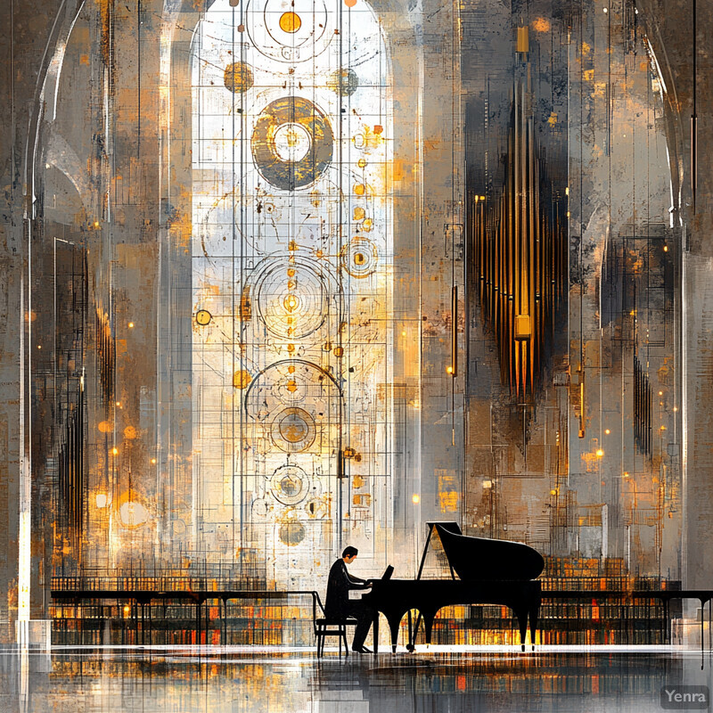 A grand piano and its player in a church-like setting, evoking the classical music tradition.