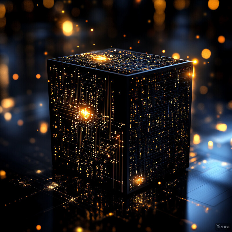 A futuristic-looking cube with intricate circuitry patterns etched into its surface, set against a blurred cityscape background.