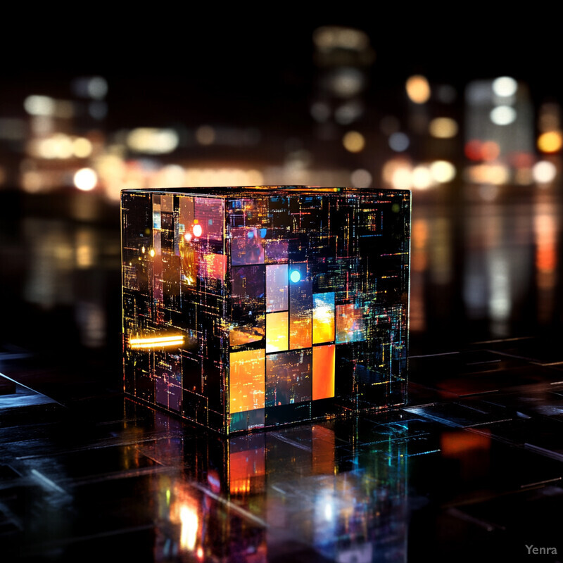 A Rubik's Cube sits on a reflective surface in a dark room, illuminated by various sources of light, with multiple other cubes visible in the background.