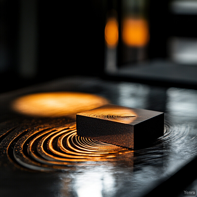 A black, rectangular object with an orange glow sits on a flat, reflective surface.